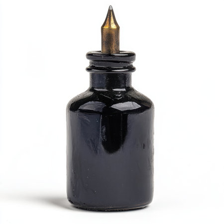 This vintage ink bottle, featuring a quill top, embodies elegance and creativity. Perfect for artistic projects, it enhances any writing space with timeless charm.の素材