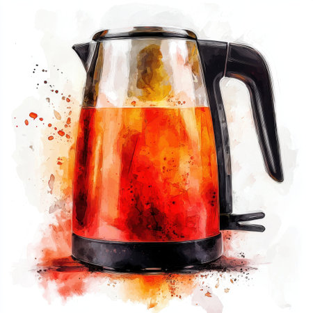 An electric kettle with a steaming hot beverage, captured in a beautiful watercolor style. Perfect for kitchen decor or lifestyle content.の素材
