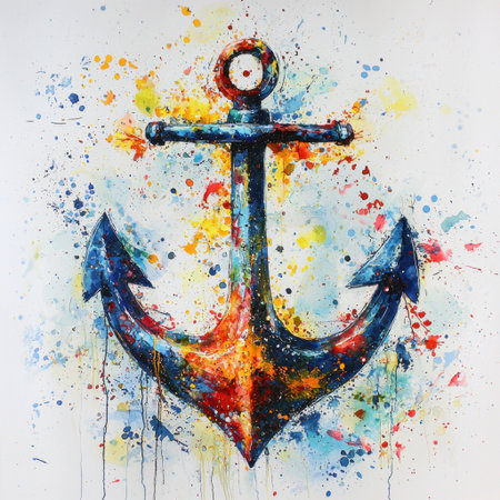 This vibrant artwork features a colorful anchor rendered in bright hues, with splashes and drips creating a dynamic visual. Perfect for marine-themed decor.の素材