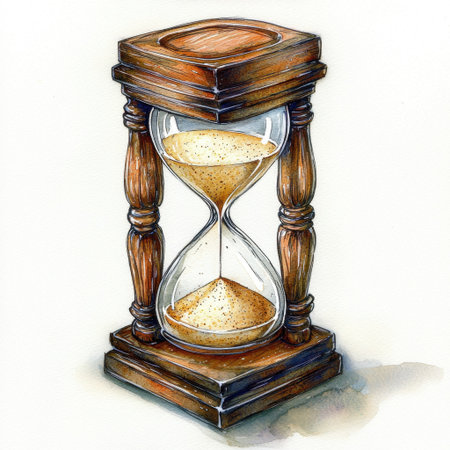 A beautifully illustrated vintage wooden hourglass featuring fine craftsmanship. This elegant decoration embodies the passage of time with its refined design and subtle details.の素材