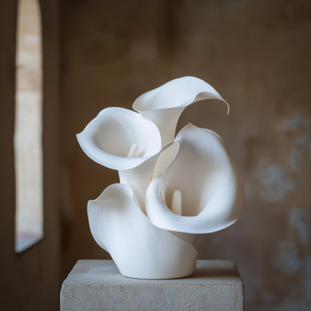 A beautiful white calla lily sculpture captures elegance in a soft-lit setting. This minimalist piece enhances any space with its serene and artistic presence.の素材