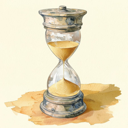 This artistic representation of an hourglass symbolizes the passage of time, featuring golden sand against a soft watercolor backdrop, evoking thoughts of elegance and reflection.の素材