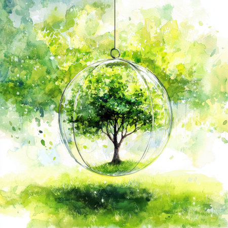 A vibrant illustration of a tree inside a glass sphere, set against a lush green background, symbolizing nature's beauty and harmony. Perfect for eco-themed projects.の素材
