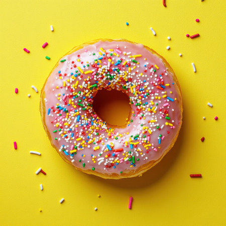 A vibrant pink frosted donut topped with colorful sprinkles sits against a bright yellow background, evoking a joyful and playful atmosphere perfect for sweet indulgence.の素材