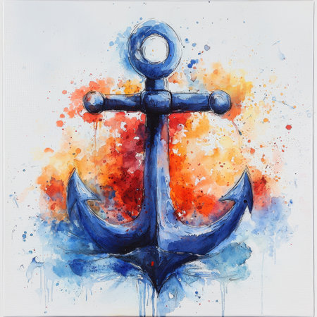 This stunning watercolor illustration features an anchor set against a vibrant splash of colors. Perfect for nautical-themed decor or art lovers seeking inspiration.の素材