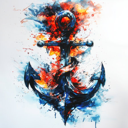 A stunning watercolor artwork featuring an anchor surrounded by a vivid splash of colors. This expressive piece conveys a sense of creativity and marine spirit.の素材