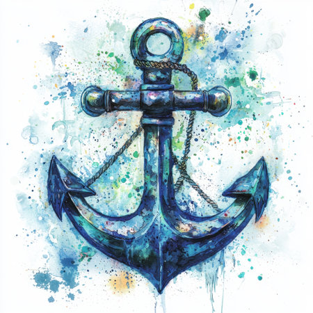 This striking watercolor anchor artwork features vibrant colors and splashes, making it perfect for marine-themed decor, art collections, or nautical-inspired spaces.の素材