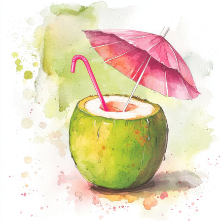 Bright and colorful illustration of a coconut drink with a straw and a pink umbrella, capturing the essence of summer and tropical relaxation.の素材