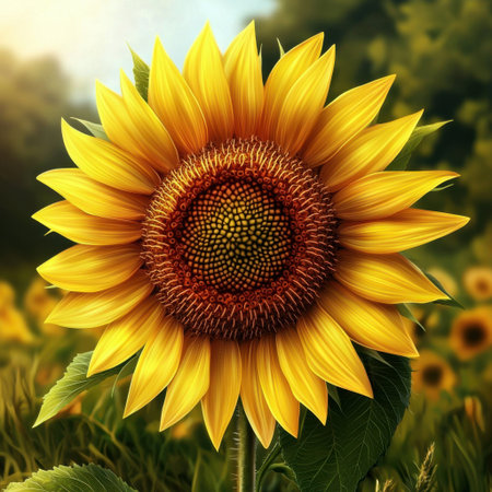 A stunning close-up of a sunflower in full bloom, showcasing its vivid yellow petals and intricate center. This image captures the essence of summer beauty in nature.の素材
