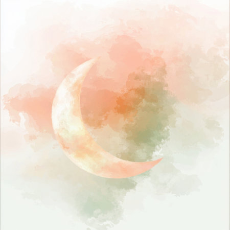 A serene watercolor illustration featuring a crescent moon surrounded by soft pastel hues, creating a tranquil atmosphere perfect for art and design projects.の素材