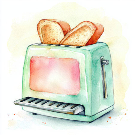 A charming vintage toaster with slices of toasted bread sits in a bright kitchen. This watercolor illustration captures warmth and nostalgia, perfect for home and cooking themes.の素材