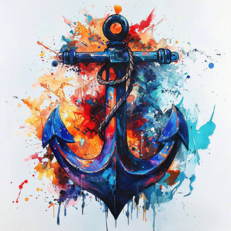 This vibrant artistic anchor design features a colorful splash background, symbolizing creativity and marine life. Perfect for decor and inspiration.の素材