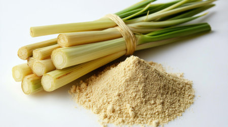 Fresh lemongrass stalks tied together beside a pile of lemongrass powder on a clean white background. Ideal for culinary and wellness uses.の素材