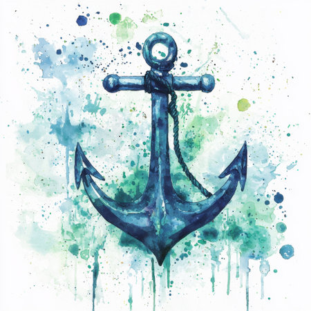 This vibrant watercolor anchor art features an abstract design with splashes of blue and green, perfect for maritime-themed decoration and artistic inspiration.の素材
