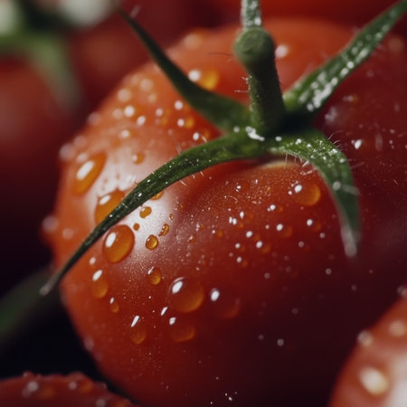 Close-up view of fresh red tomatoes adorned with water droplets, showcasing their natural shine and vibrant color against a dark background, perfect for culinary use.の素材