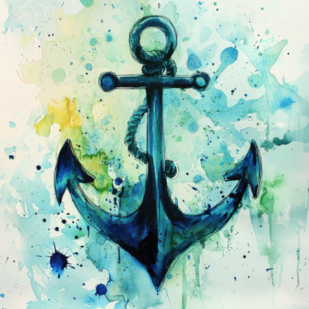 This vibrant watercolor illustration features a striking anchor amidst a colorful splash background. Perfect for marine-themed decor or creative projects.の素材