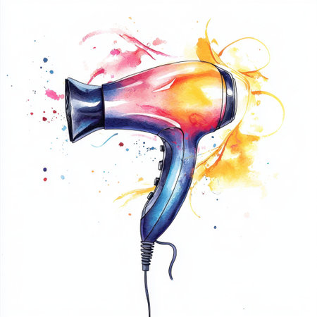 Stunning watercolor illustration of a hair dryer, showcasing vibrant colors and artistic flair. Perfect for beauty and salon-themed projects or decor.の素材