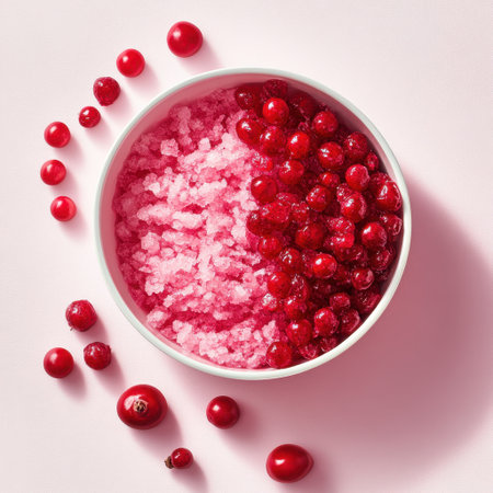 A vibrant display of fresh red berries combined with pink sugar in a white bowl, perfect for conveying freshness and sweetness in culinary photography.の素材