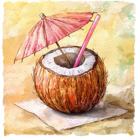 A vibrant illustration of a fresh coconut drink adorned with a pink umbrella and straw, perfect for tropical settings or summer themes.の素材
