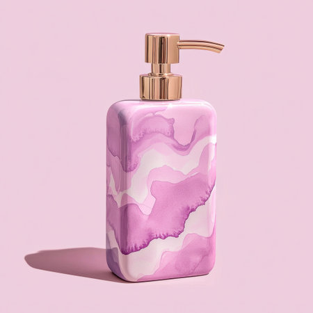 This stunning pink soap dispenser features an abstract watercolor design, making it an eye-catching addition to any modern bathroom or kitchen decor.の素材