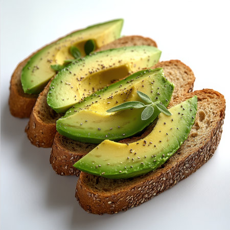This image showcases beautifully sliced avocado placed on toasted bread, garnished with fresh herbs and chia seeds, perfect for a nutritious breakfast or snack.の素材
