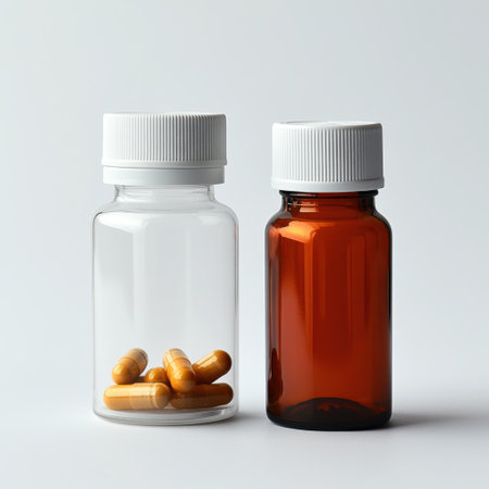 Two glass bottles, one clear and one brown, showcase capsules on a light background, perfect for health and wellness themes in stock photography.の素材