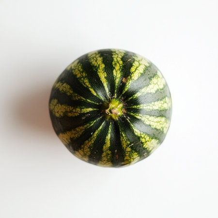 A round, fresh organic watermelon featuring vibrant green stripes rests on a clean white background. This visually appealing fruit symbolizes summer and healthy eating.の素材