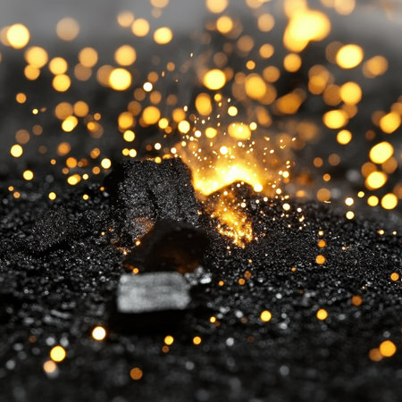 This close-up image showcases glowing sparks emerging from charcoal against a dark textured background, presenting an abstract and vibrant visual of burning energy.の素材