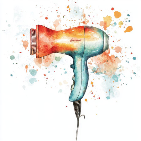 This vibrant watercolor illustration features a colorful hair dryer against a backdrop of artistic splashes, perfect for beauty, fashion, and salon themes.の素材