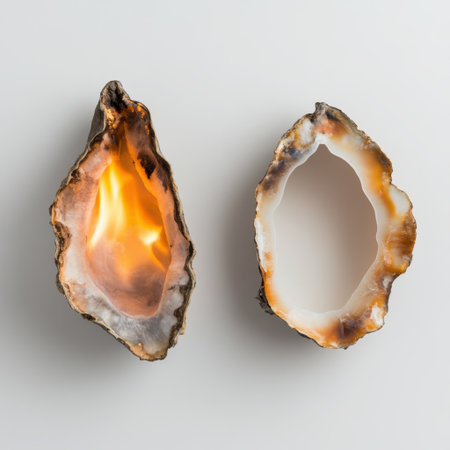 This captivating geode showcases a mesmerizing flame-like glow and polished edges, perfect for use in decor, art, or nature-themed projects.の素材