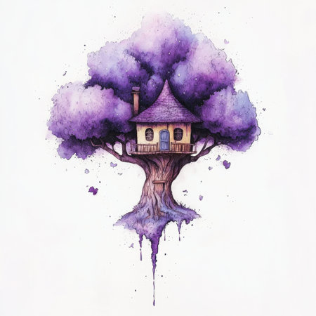 A captivating illustration of a whimsical tree house nestled in vibrant purple foliage, evoking a sense of fantasy and adventure in a dreamlike setting.の素材