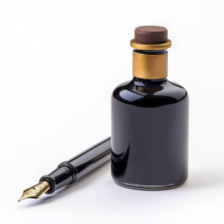 A beautiful ink bottle accompanied by an elegant fountain pen, perfect for writing enthusiasts and artists. This setup emphasizes creativity and sophistication.の素材