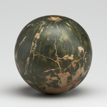 A unique marble sphere showcasing intricate patterns and earthy green tones. This detailed object serves as a stunning decorative piece for various interior styles.の素材