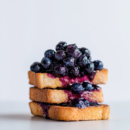 A delicious stack of toasted bread topped with flavorful blueberry jam and fresh blueberries. Perfect for breakfast or a sweet snack, this image captures culinary delight.の素材