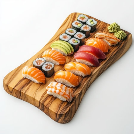 A vibrant selection of fresh sushi arranged on a wooden platter, featuring various types including nigiri and rolls, garnished with wasabi and ginger.の素材