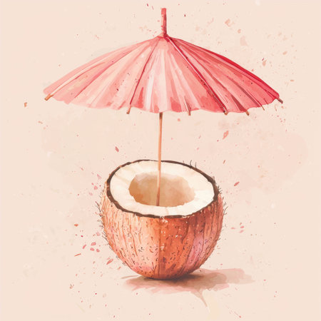 A whimsical illustration of a coconut with a pink umbrella, surrounded by splashes of watercolor. Perfect for summer-themed projects and tropical vibes.の素材