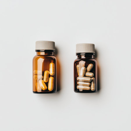 Two transparent glass bottles contain yellow dietary supplement capsules. The bottles are placed on a clean white background, emphasizing health and wellness.の素材