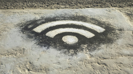 This image features a wireless signal icon painted on a rough surface, creating an eye-catching visual for public awareness about technology and connectivity.の素材