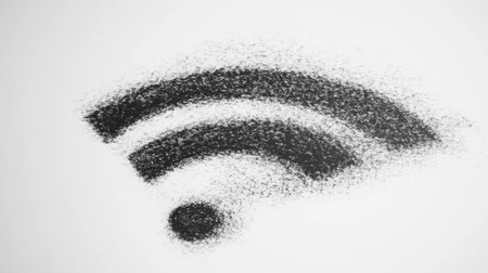 This artistic representation features a black WiFi signal icon created in a chalk texture on a white background, highlighting modern connectivity themes.の素材