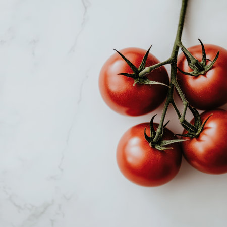 A close-up of fresh red tomatoes on a white marble surface, illuminated by natural light, ideal for culinary themes, food blogs, and healthy eating visuals.の素材