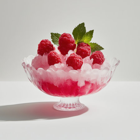A delightful raspberry sorbet sits in an elegant glass bowl, garnished with fresh mint leaves, offering a vibrant and refreshing treat for summer celebrations.の素材