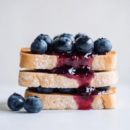 Delicious stack of toast layered with fresh blueberry jam and juicy berries, perfect for a breakfast treat or a sweet snack that brightens any meal.の素材