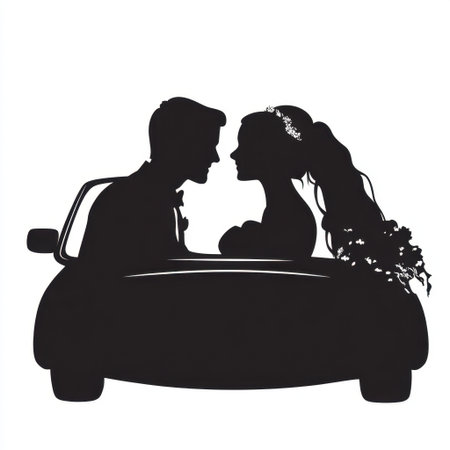 Romantic silhouette of a couple in a car, showcasing love and connection. Ideal for wedding themes, celebration, and artistic expressions of togetherness.の素材