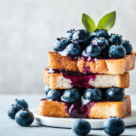 A delightful composition featuring fresh blueberry toast topped with jam and cream, perfect for breakfast or a light snack. The vibrant colors bring freshness and appeal.の素材