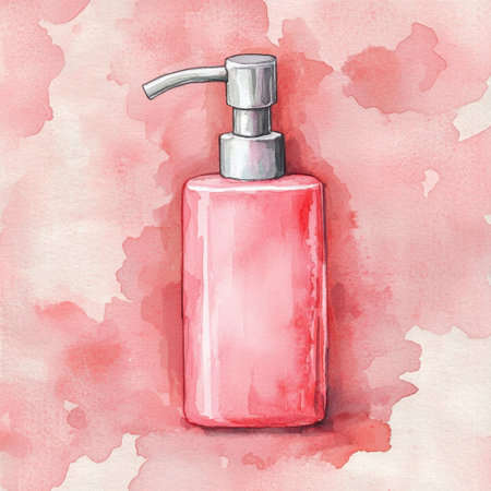 This illustration features a pink pump bottle set against a soft watercolor background. Ideal for beauty and skincare themes, this piece adds a touch of elegance and creativity.の素材
