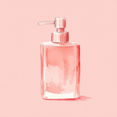 A charming illustration of a pink liquid soap dispenser against a soft pink background, showcasing a minimalist design ideal for beauty or home decor themes.の素材