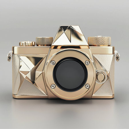 A stunning gold camera features intricate geometric patterns and a sleek design, perfect for photography enthusiasts and artists seeking unique elegance.の素材