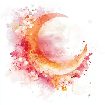 This stunning watercolor illustration features a gentle moon surrounded by delicate floral accents. Perfect for adding a serene touch to any design project.の素材