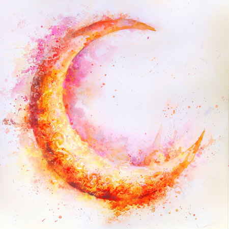 An eye-catching watercolor artwork of a vibrant orange crescent moon surrounded by splashes of colors. Ideal for creative designs and decor themes.の素材