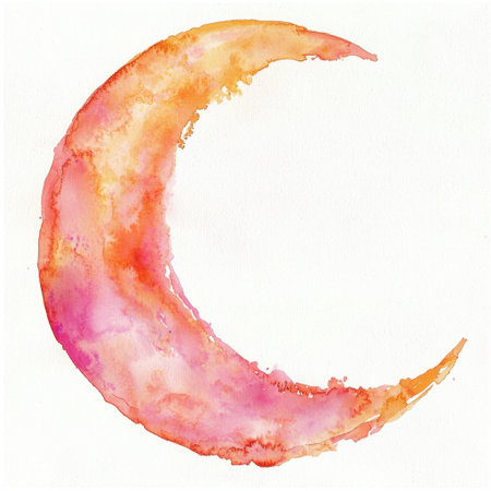 Captivating watercolor illustration of a crescent moon in vibrant pink and orange hues. Perfect for adding a dreamy touch to art, designs, and decor.の素材